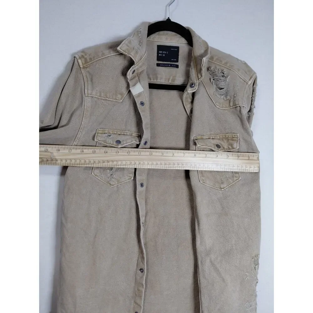 Zara Man Beige Denim Collared Distressed Raw Hem Jacket Men Size S